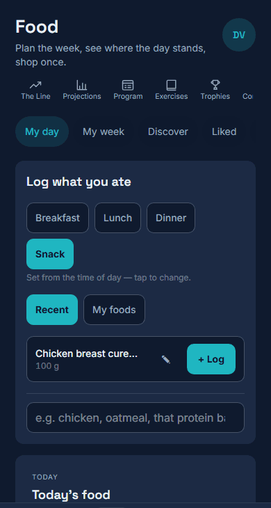 Food on the phone: log what you ate — breakfast, lunch, dinner, snack — from your recent foods